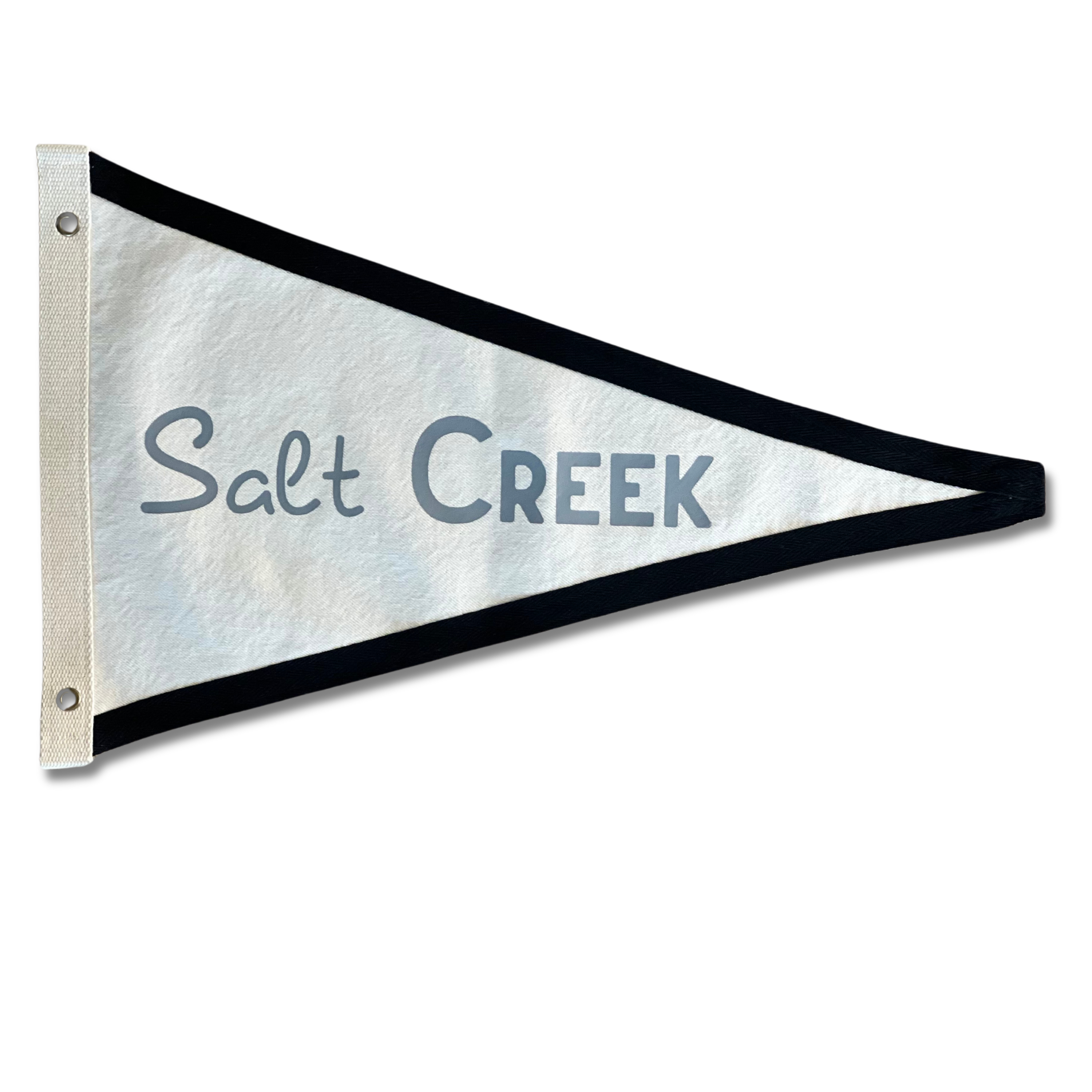 Salt Creek Surf Flag with bold minimalist design, handcrafted on cotton canvas, ideal for coastal or surf-inspired decor.